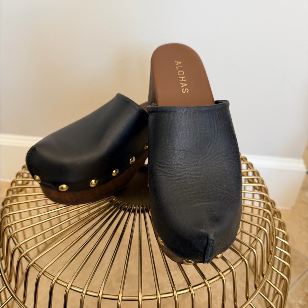 ALOHAS Black Leather Mules with Gold Studs